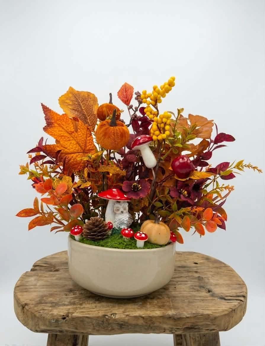 Enchanting Woodland Owl, Velvet Pumpkin & Autumn Foliage Centerpiece