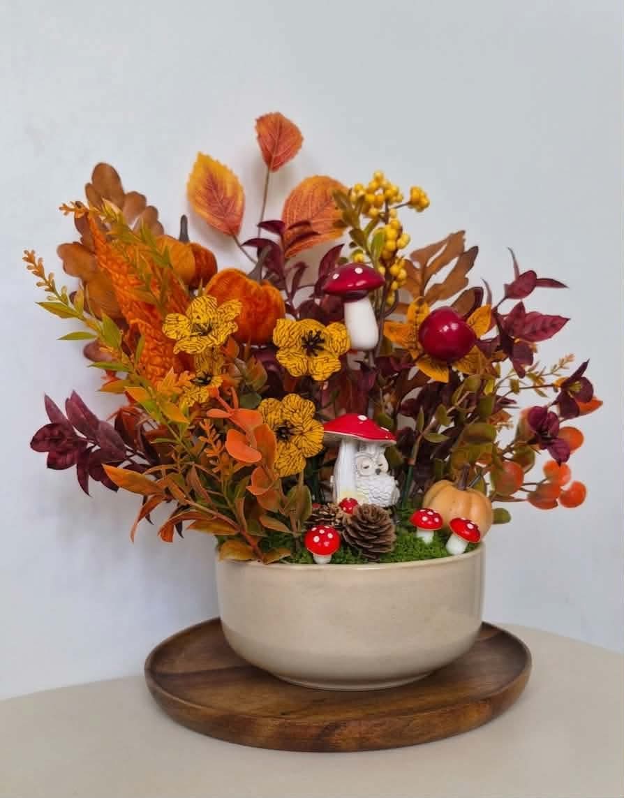 Fall Floral Arrangement with Faux Pumpkins, Red Mushrooms, and Owl Figurine