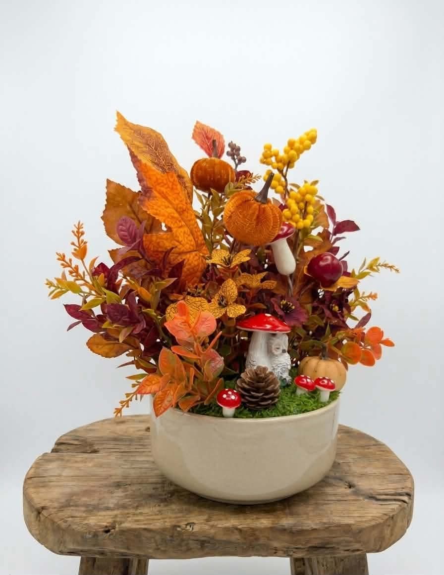 Enchanting Woodland Owl, Velvet Pumpkin & Autumn Foliage Centerpiece