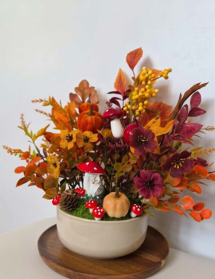 Fall Floral Arrangement with Faux Pumpkins, Red Mushrooms, and Owl Figurine