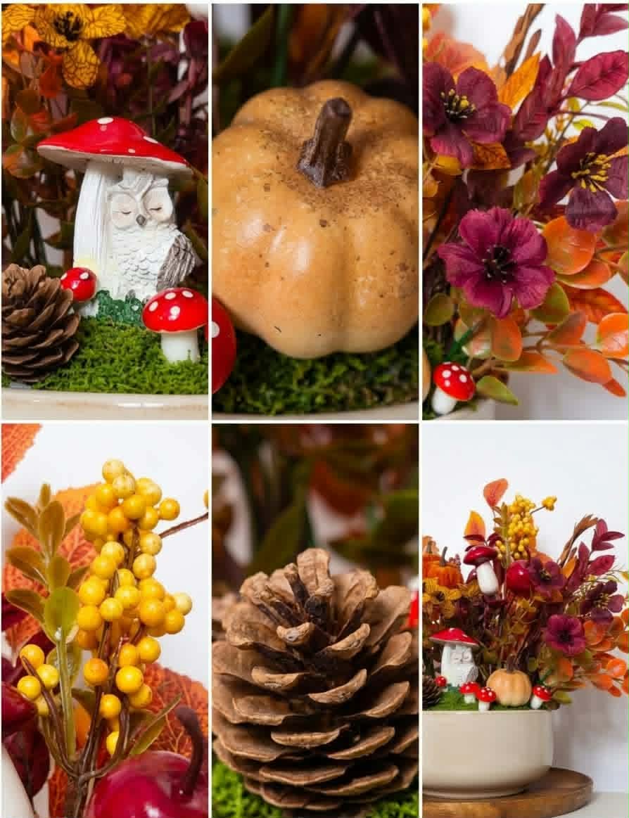 Fall Floral Arrangement with Faux Pumpkins, Red Mushrooms, and Owl Figurine