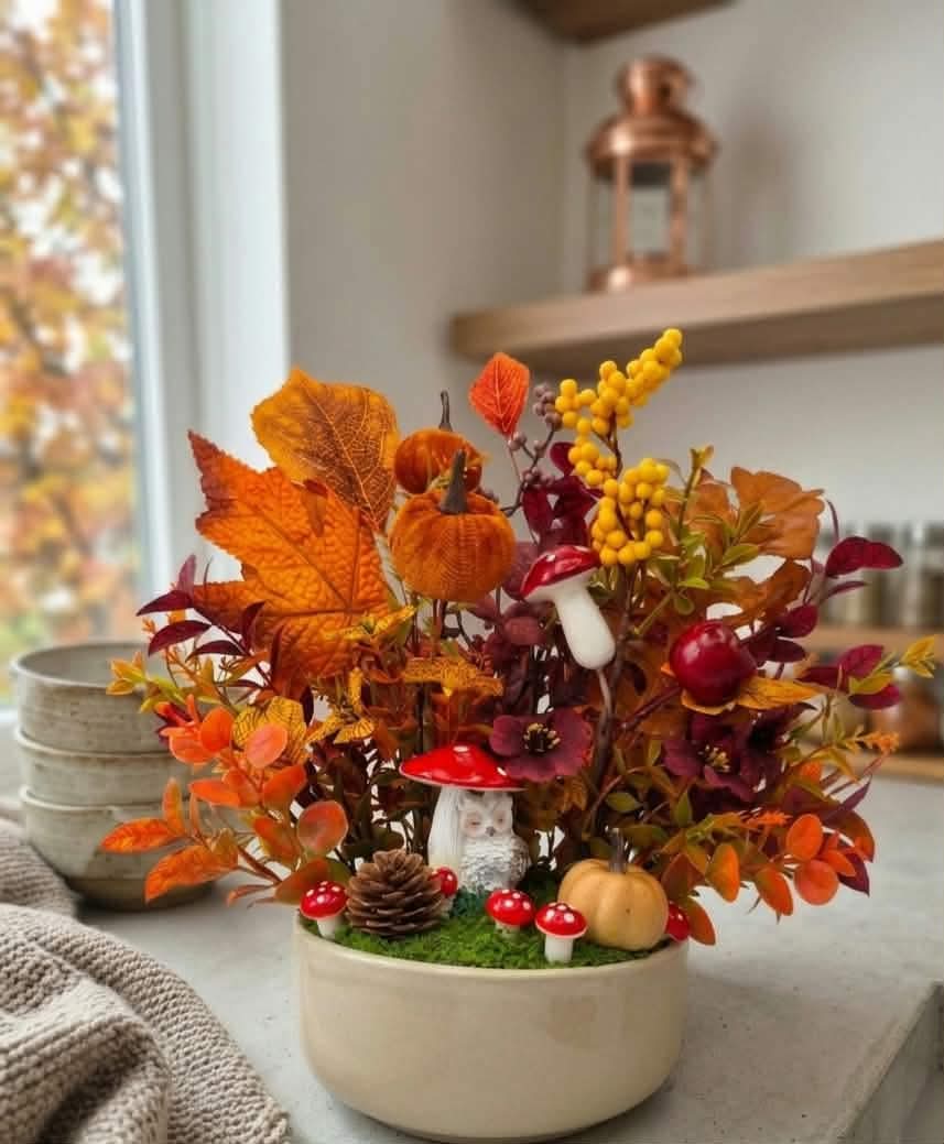 Enchanting Woodland Owl, Velvet Pumpkin & Autumn Foliage Centerpiece