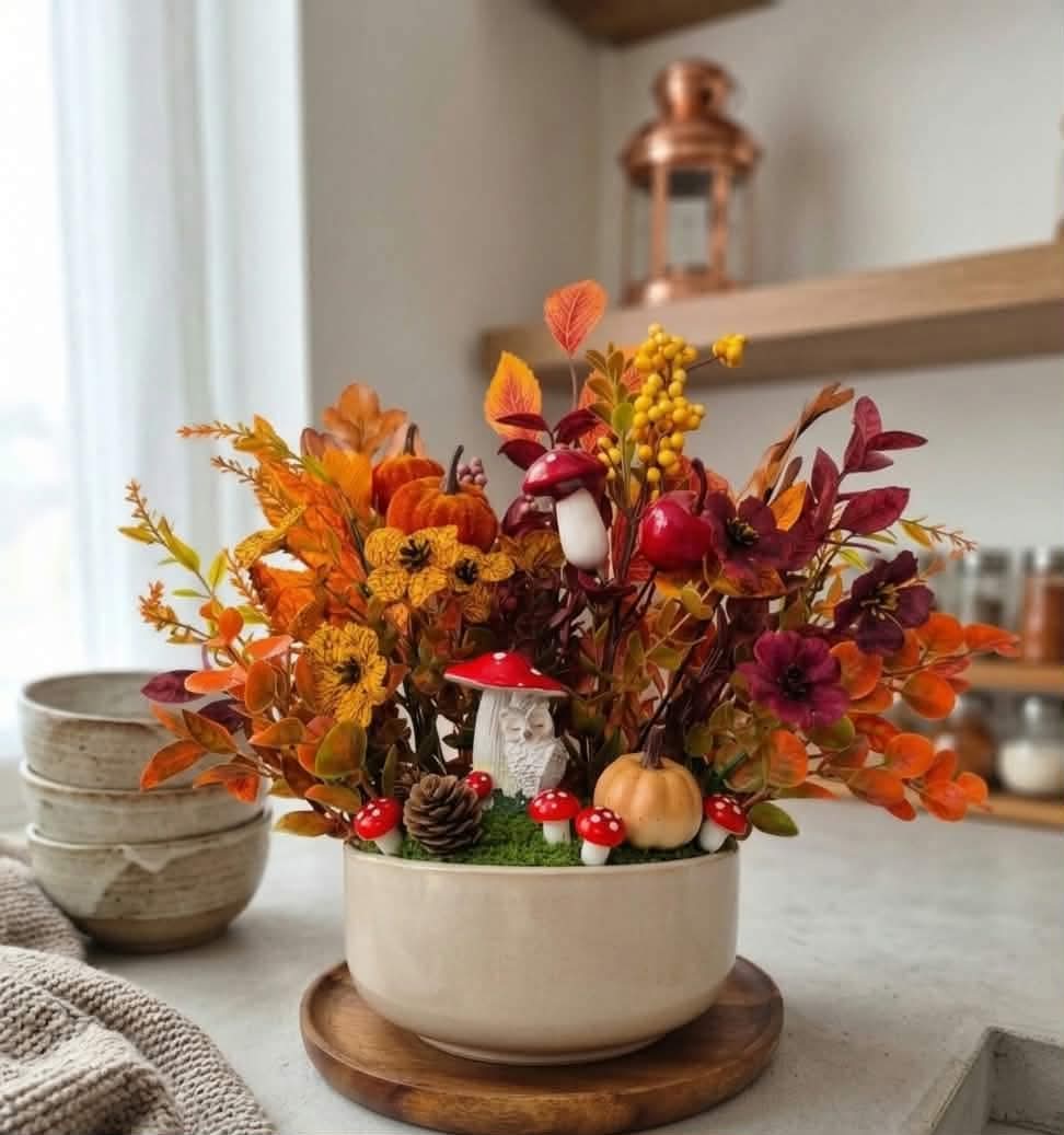 Fall Floral Arrangement with Faux Pumpkins, Red Mushrooms, and Owl Figurine