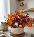 Fall Floral Arrangement with Faux Pumpkins, Red Mushrooms, and Owl Figurine
