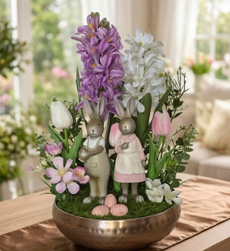 Enchanting Easter Bunny Couple Floral Centerpiece in Hammered Bronze Bowl