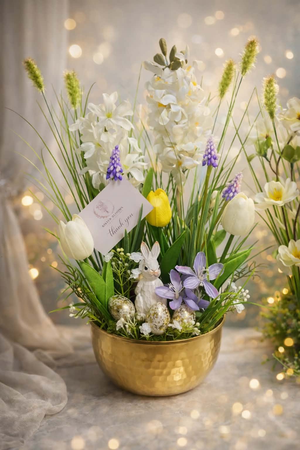 Enchanting "Golden Meadows" Easter Centerpiece with Bunny and Speckled Eggs