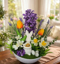 Charming Spring Floral Centerpiece with Ceramic Bunny & Golden Egg – Easter Decor