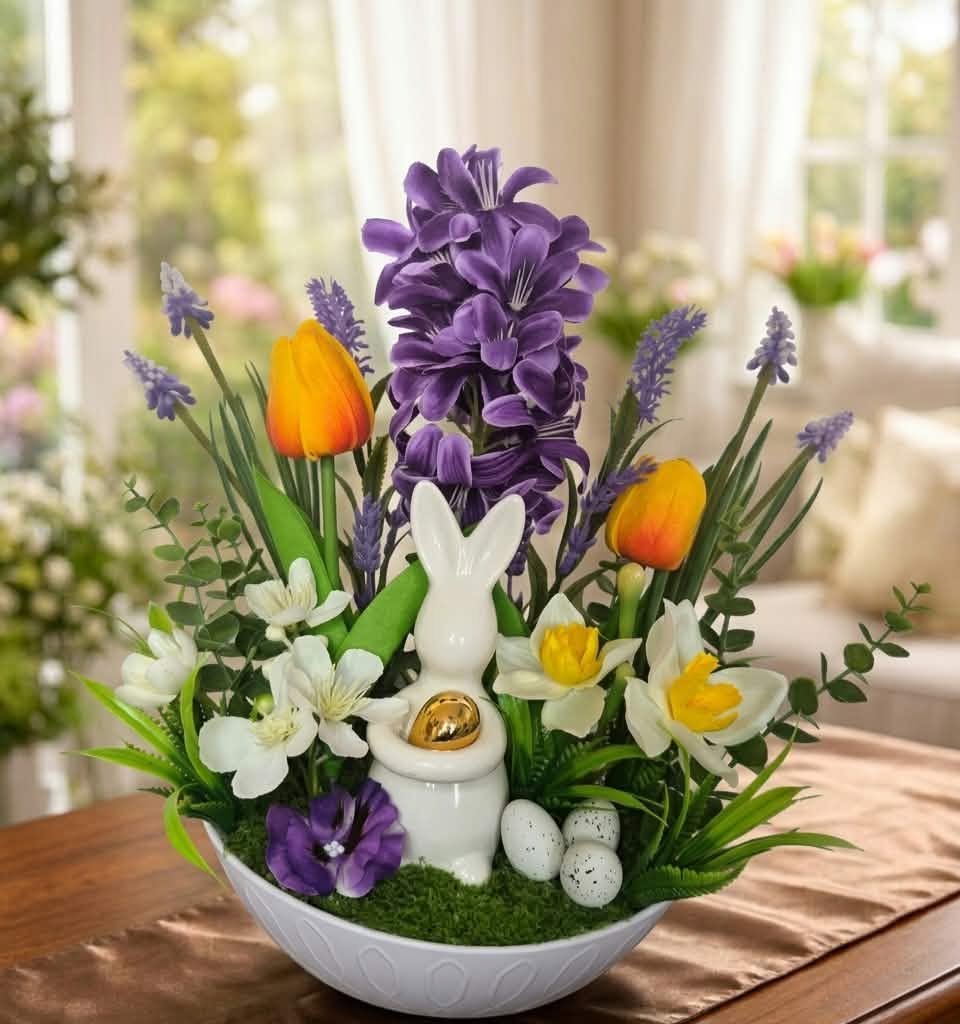 Charming Spring Floral Centerpiece with Ceramic Bunny & Golden Egg – Easter Decor