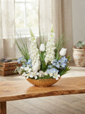 Elegant Spring Floral Centerpiece in Hammered Gold Bowl with Gosling & Speckled Eggs