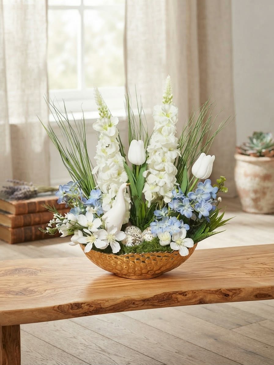 Elegant Spring Floral Centerpiece in Hammered Gold Bowl with Gosling & Speckled Eggs