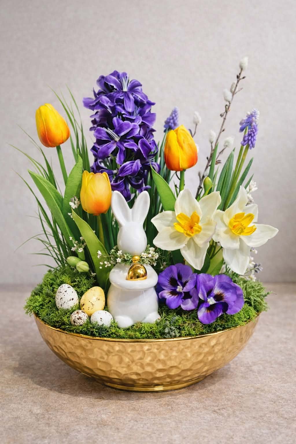 Charming Spring Floral Centerpiece with Ceramic Bunny & Golden Egg – Easter Decor