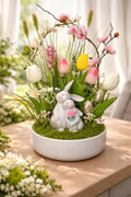 Romantic Easter Arrangement with Cuddling Bunnies and Tulips in White Ceramic Bowl