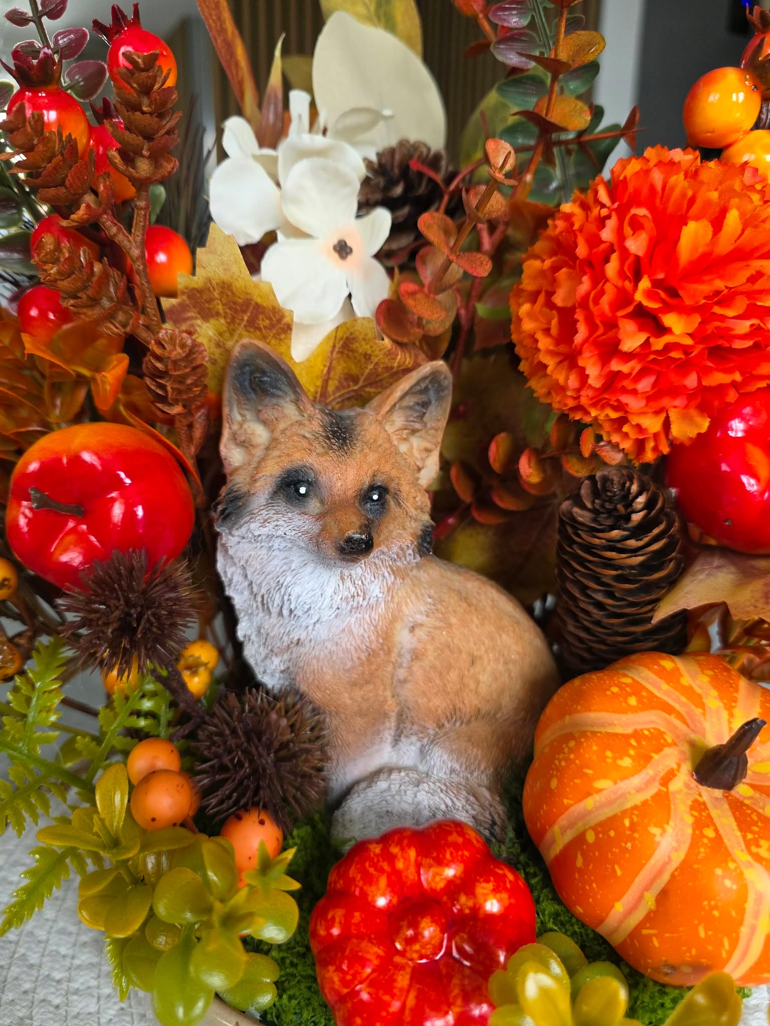 Rustic Fall Forest Arrangement with Fox Figurine, Pumpkins, and Ferns
