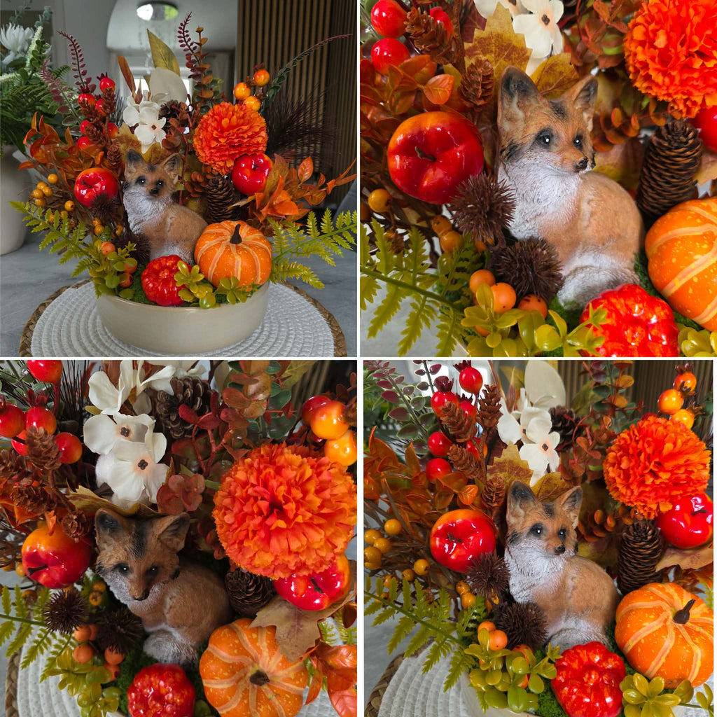 Rustic Fall Forest Arrangement with Fox Figurine, Pumpkins, and Ferns