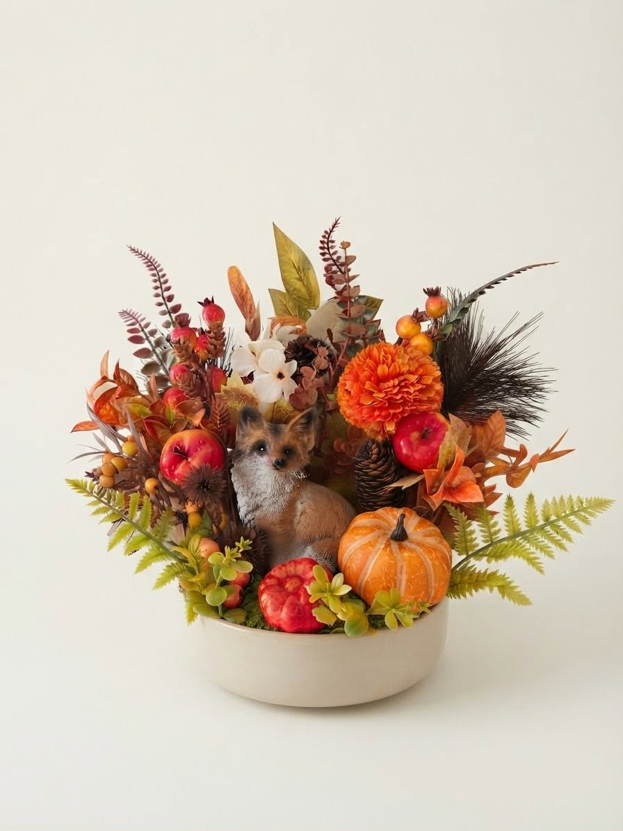 Rustic Fall Forest Arrangement with Fox Figurine, Pumpkins, and Ferns