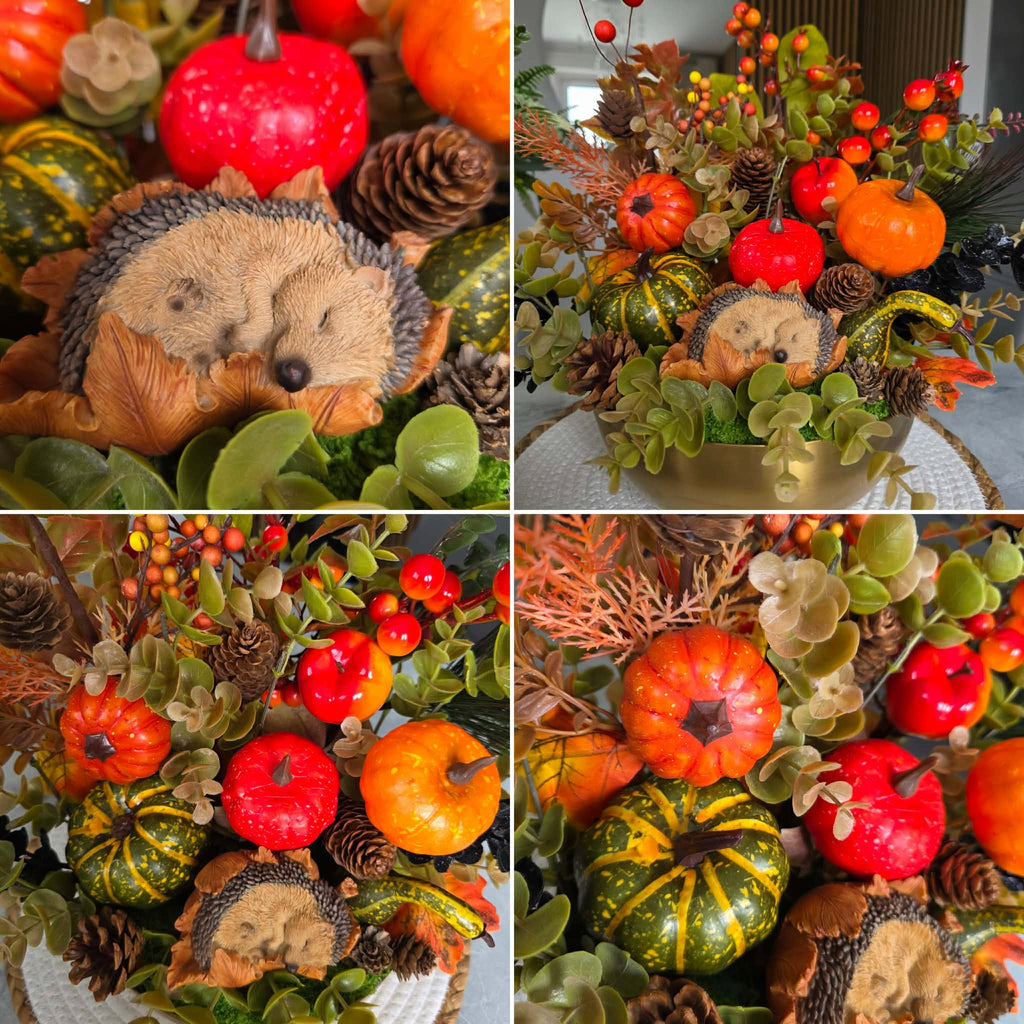 Fall Centerpiece with Sleeping Hedgehog, Colorful Pumpkins, and Pinecones