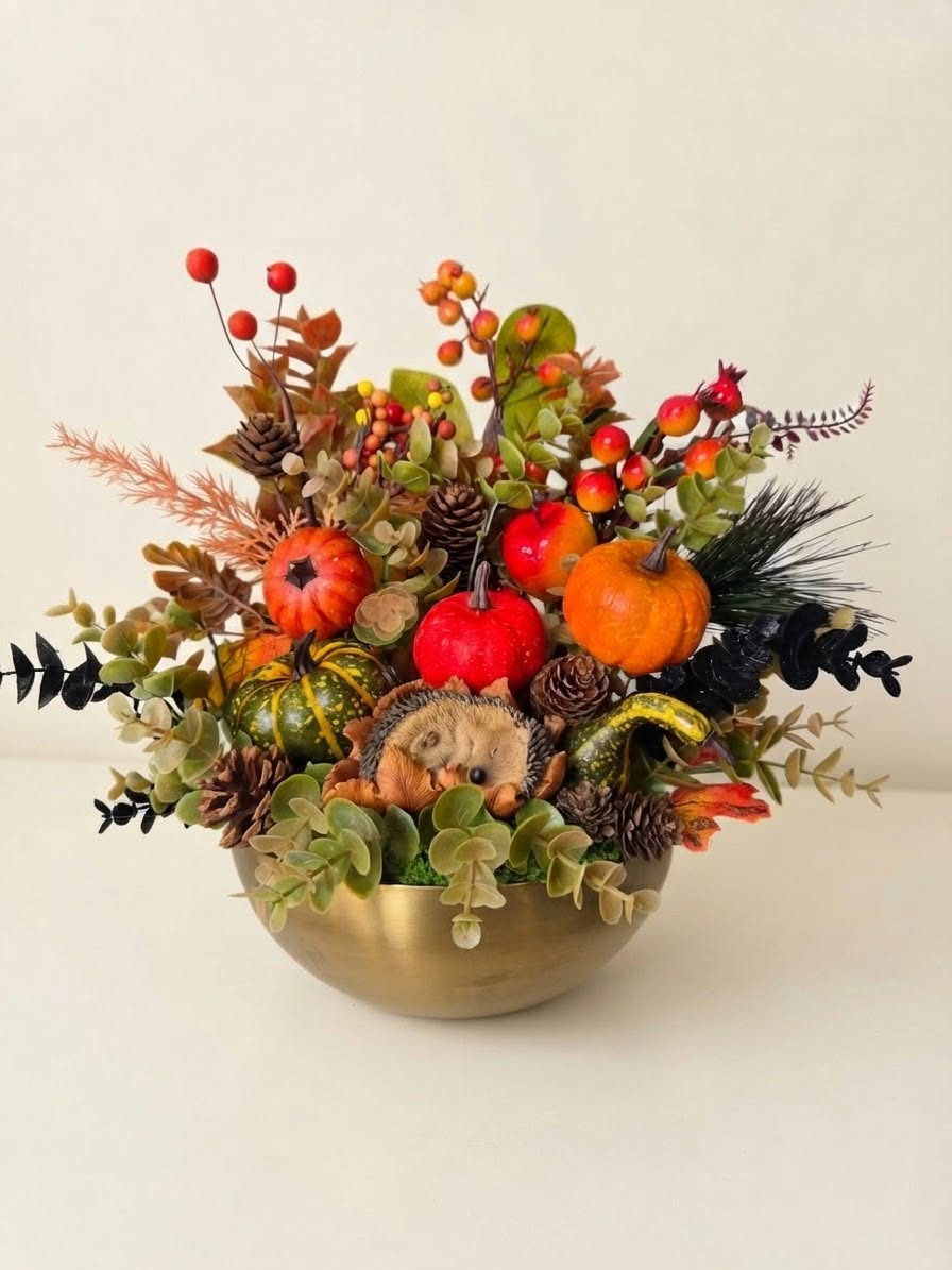 Fall Centerpiece with Sleeping Hedgehog, Colorful Pumpkins, and Pinecones