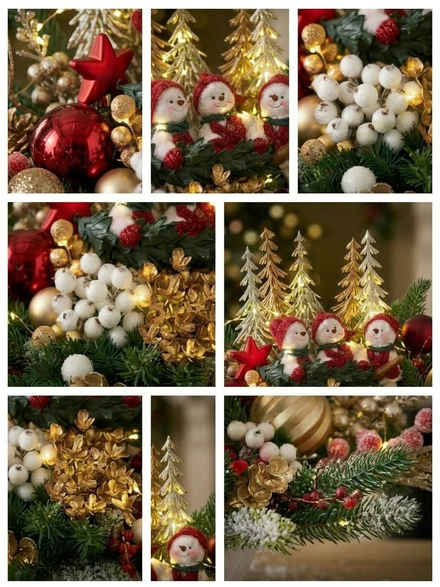 Festive Snowmen Trio & Golden Winter Forest Christmas Centerpiece
