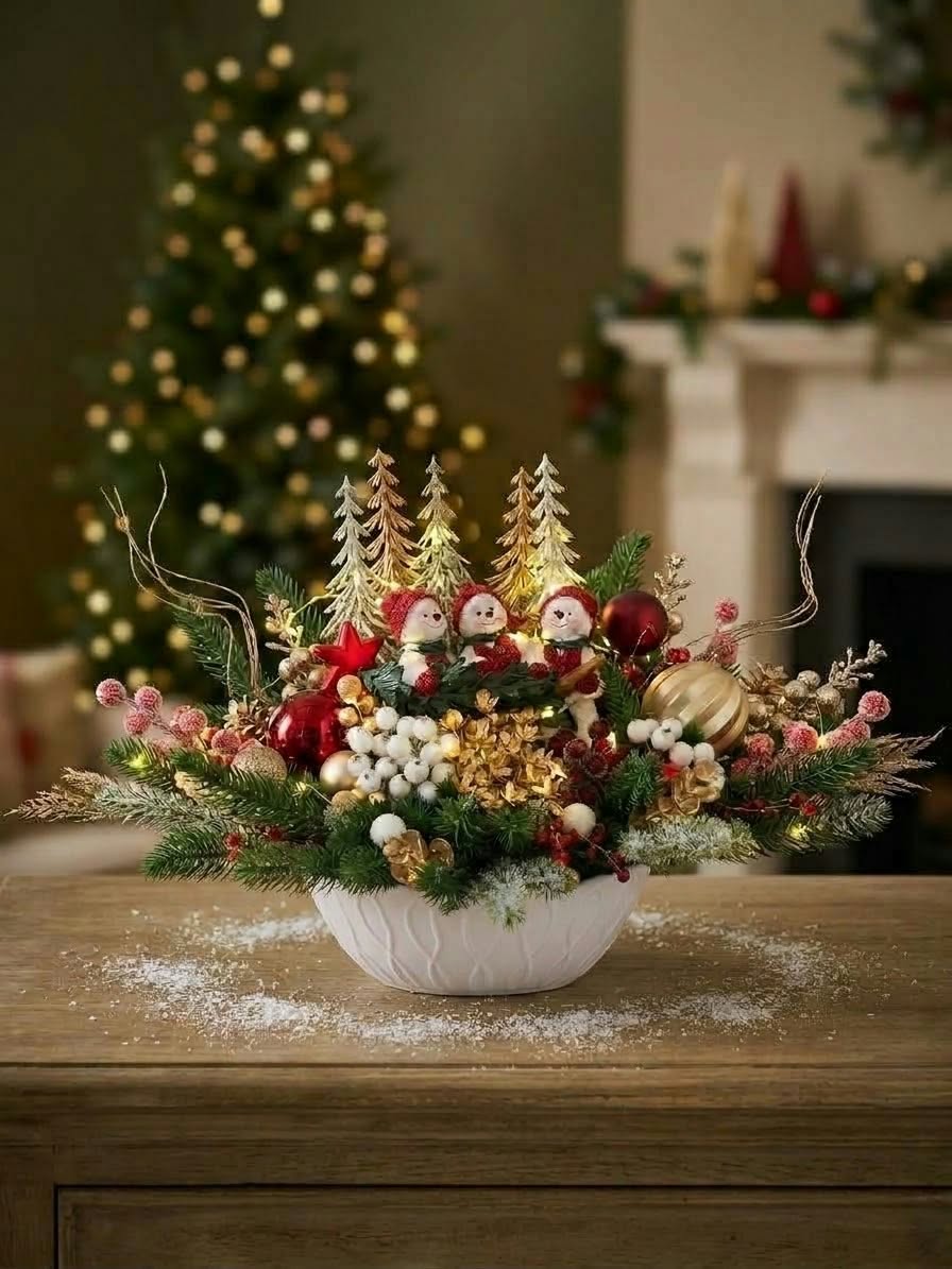 Festive Snowmen Trio & Golden Winter Forest Christmas Centerpiece
