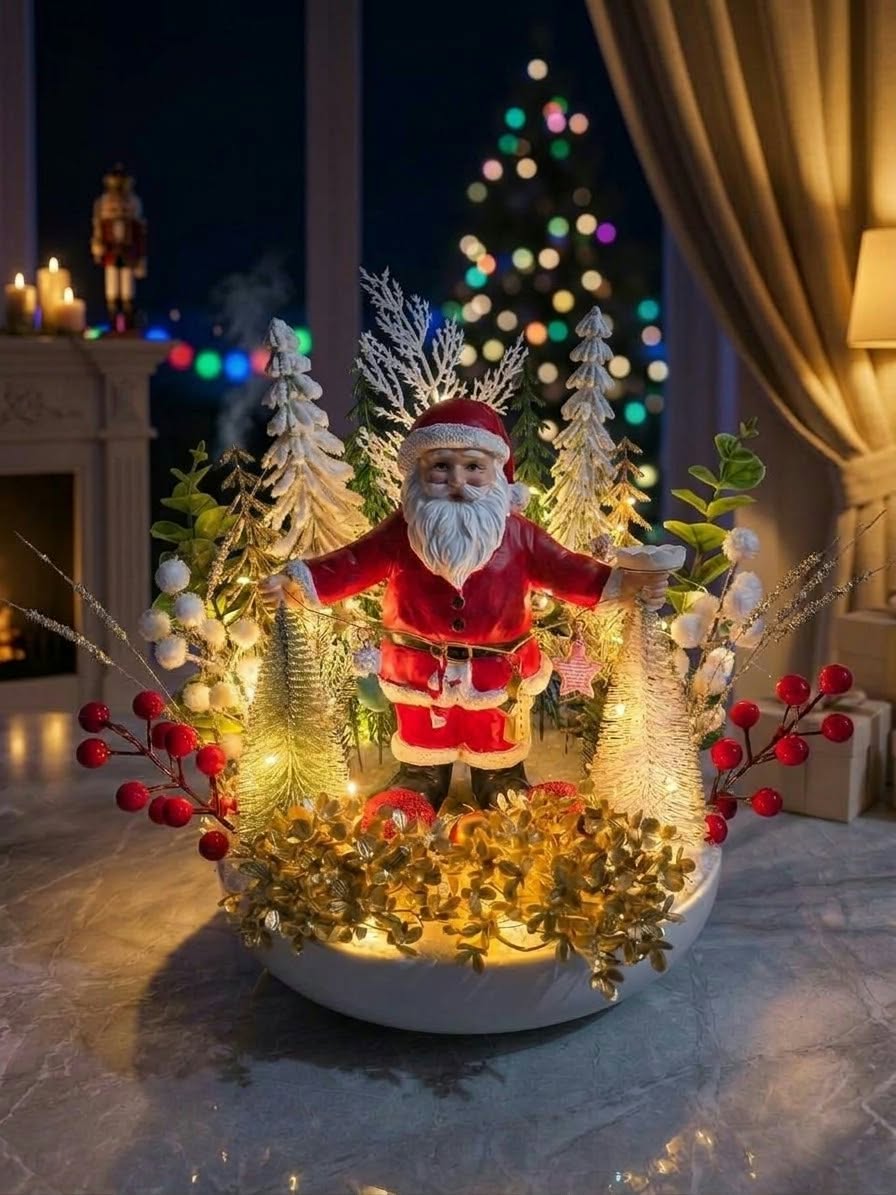 Lighted Santa Figurine Holiday Arrangement with Snowy Pine Trees, Red Berries, and Gold Foliage