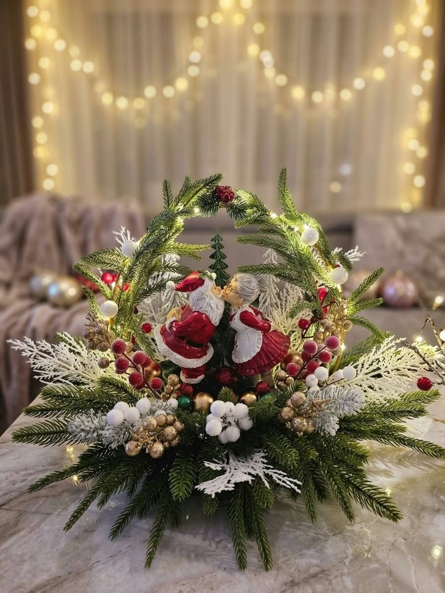 Lighted Santa and Mrs. Claus Holiday Arrangement with Evergreen Arch, Red Berries, and Pine