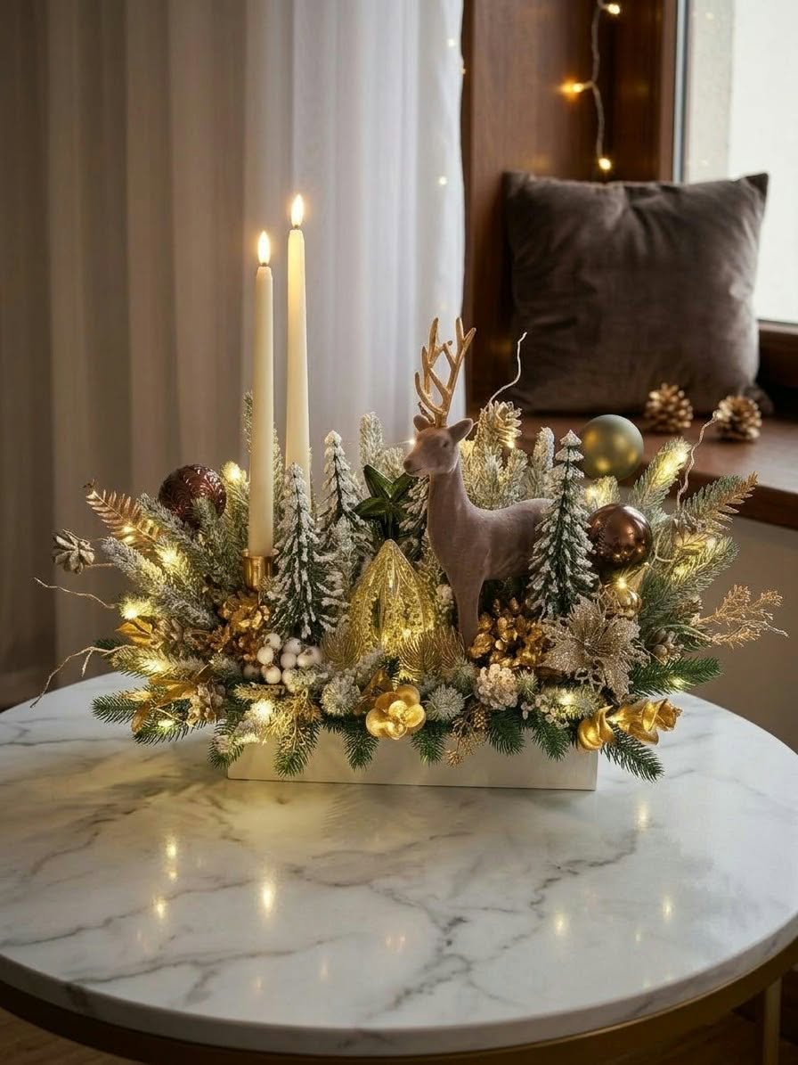 Elegant Christmas Arrangement in White Planter: Flocked Deer, Snowy Pine Trees, and Twin Taper Candles
