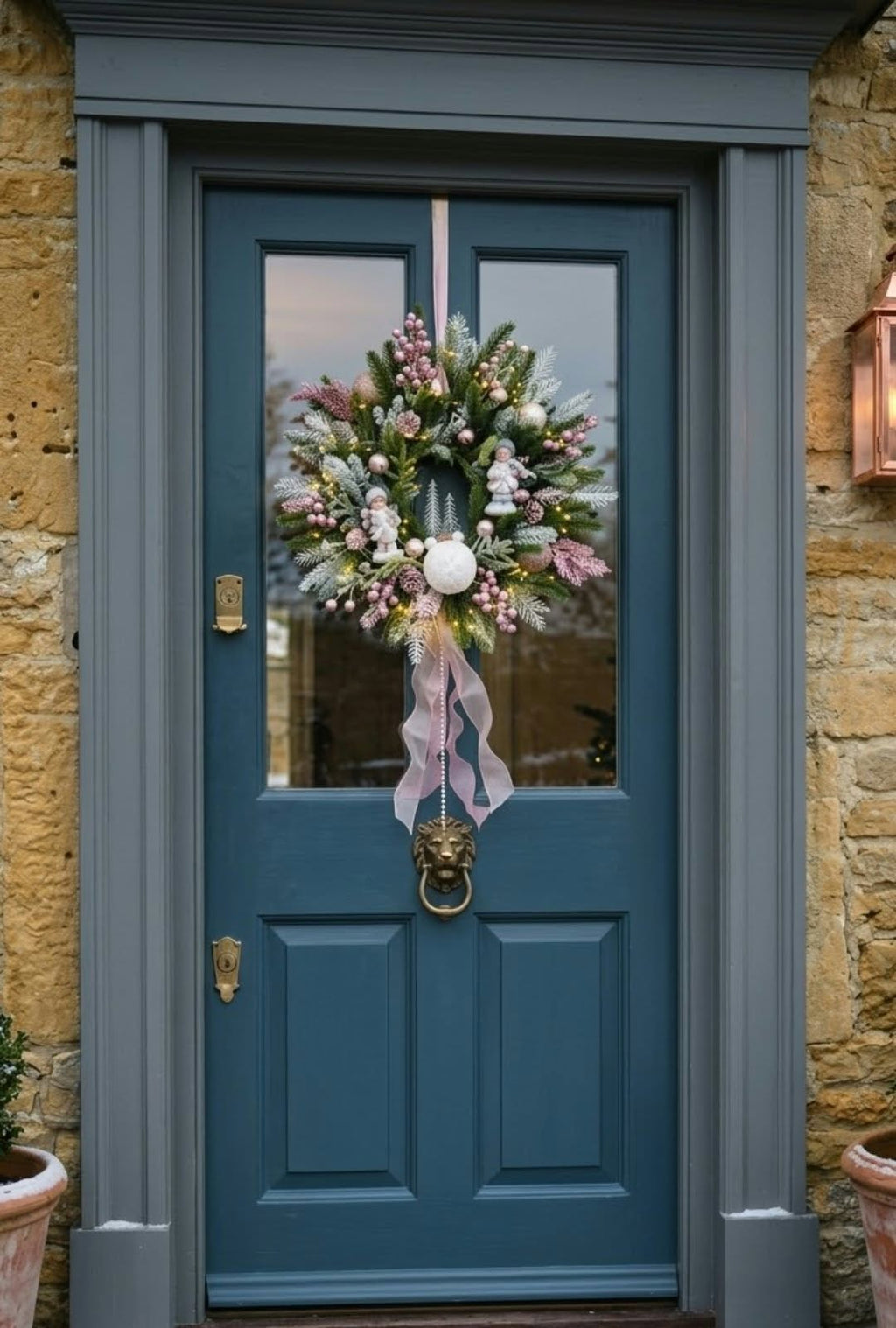Frosted Winter Wonderland Christmas Wreath: Blush Pink Berries, Angel Ornaments, and Fairy Lights
