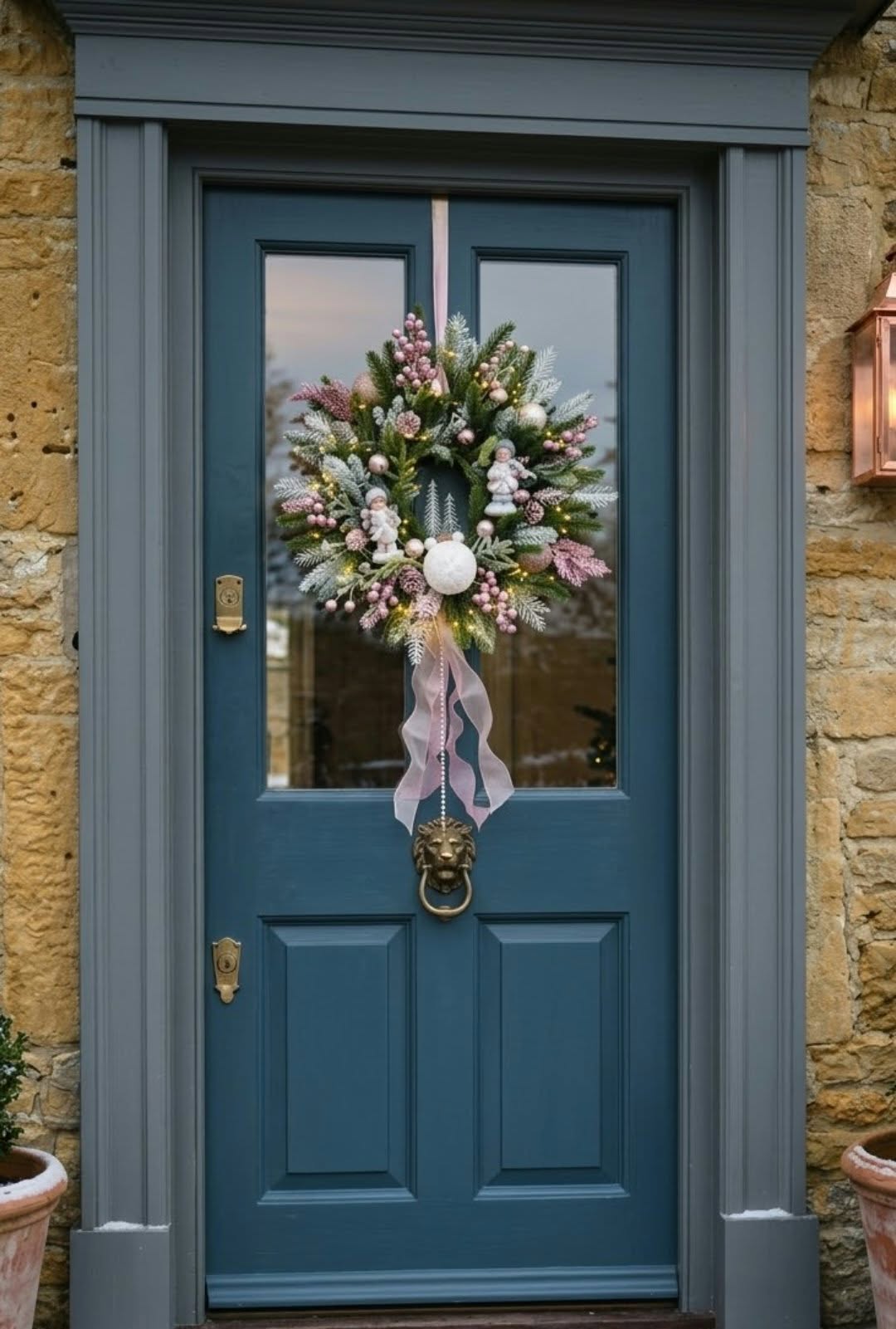 Frosted Winter Wonderland Christmas Wreath: Blush Pink Berries, Angel Ornaments, and Fairy Lights
