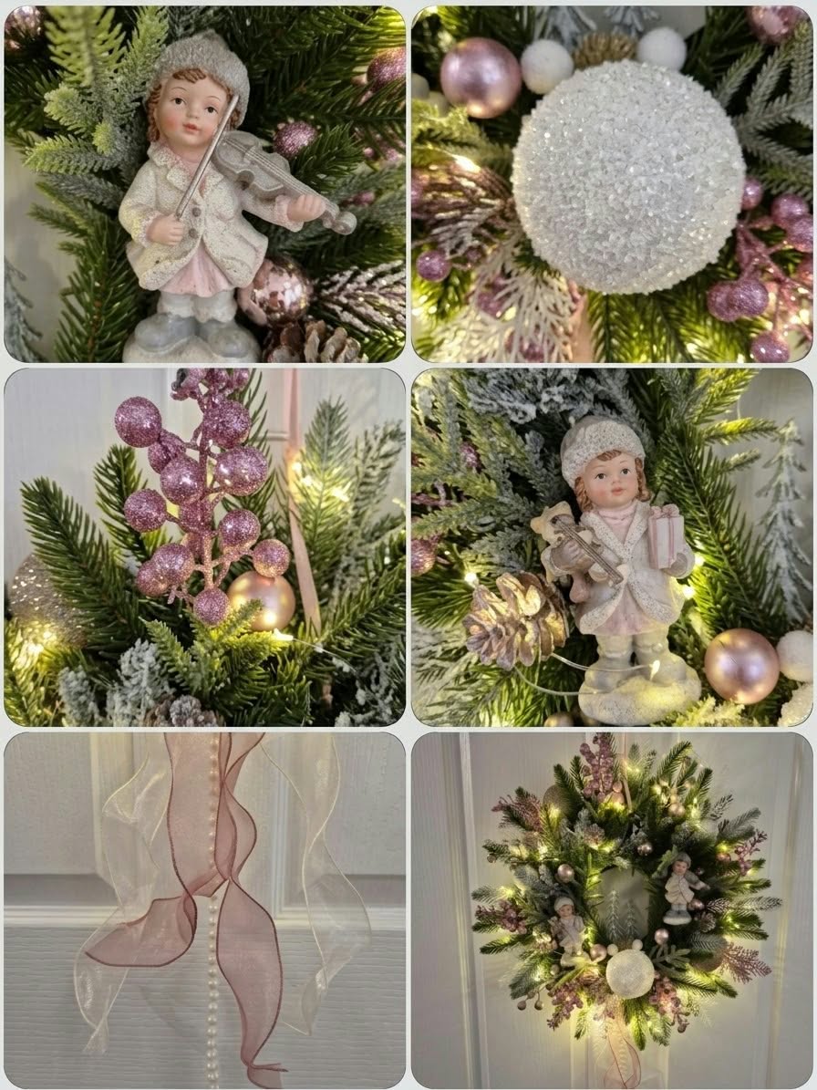 Frosted Winter Wonderland Christmas Wreath: Blush Pink Berries, Angel Ornaments, and Fairy Lights