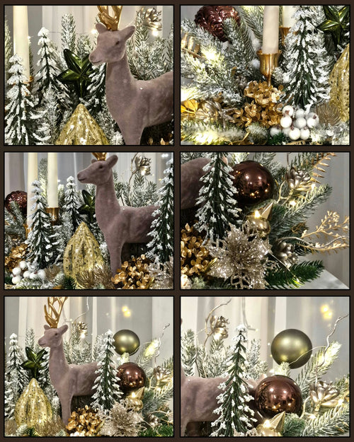 Elegant Christmas Arrangement in White Planter: Flocked Deer, Snowy Pine Trees, and Twin Taper Candles