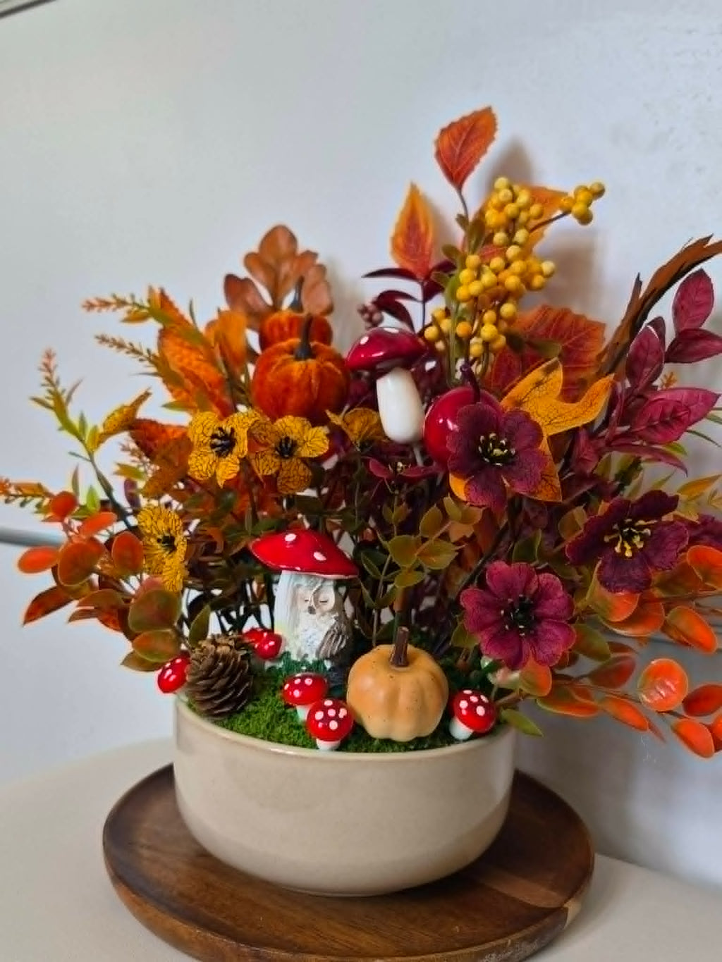 Fall Floral Arrangement with Faux Pumpkins, Red Mushrooms, and Owl Figurine