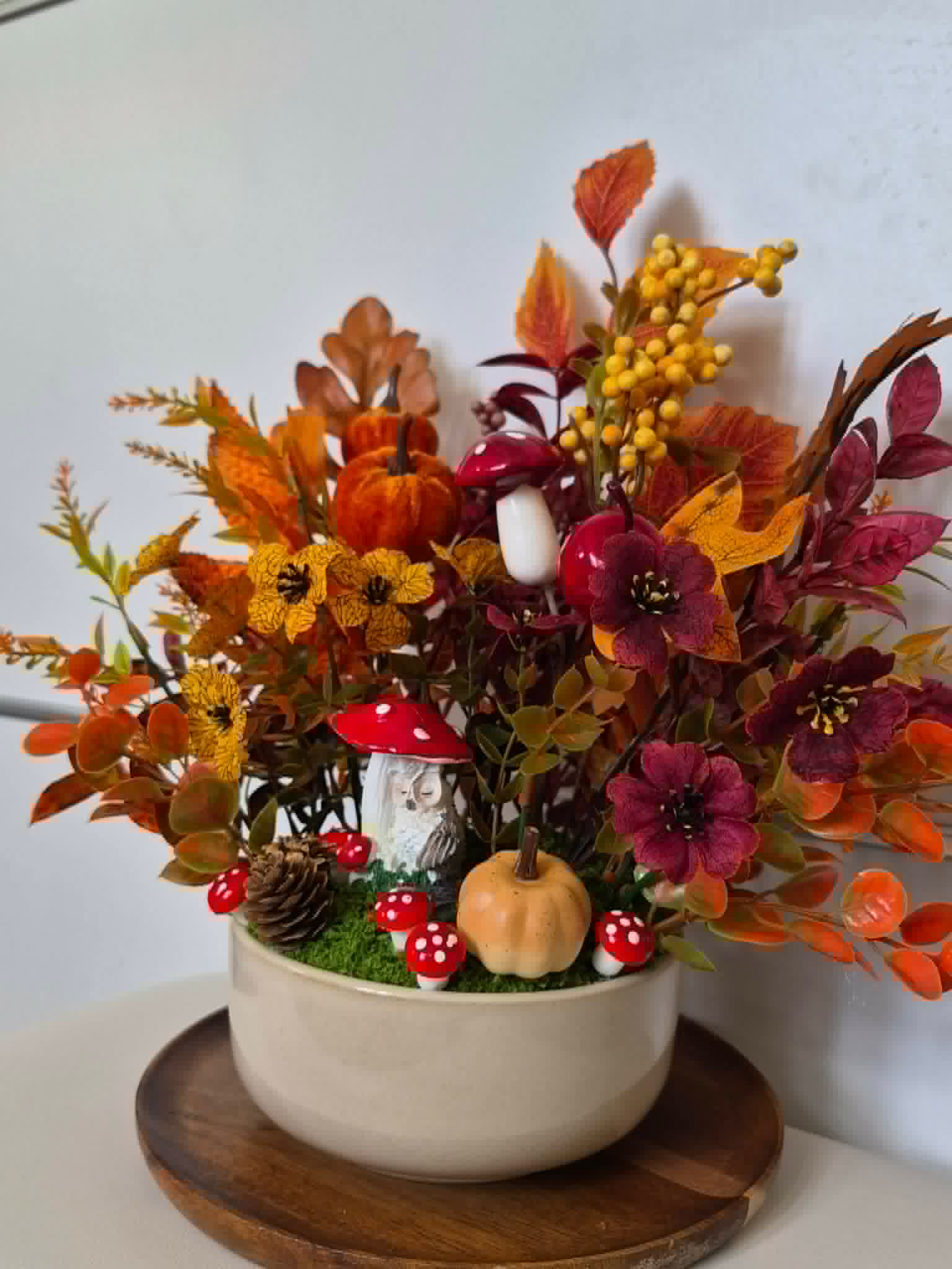 Fall Floral Arrangement with Faux Pumpkins, Red Mushrooms, and Owl Figurine