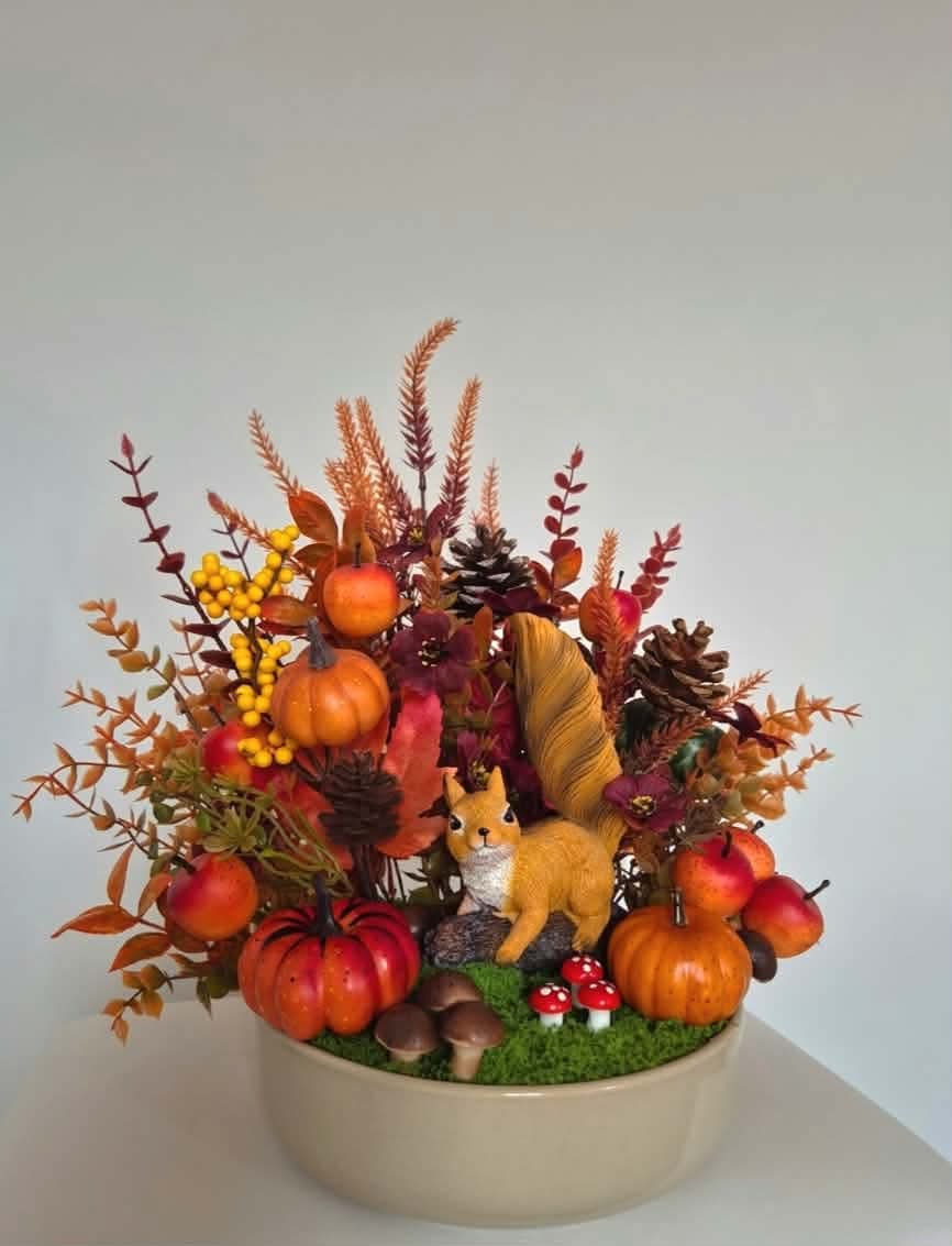 Fall Forest Arrangement with Pumpkins, Pinecones, and Squirrel Figurine in Ceramic Dish