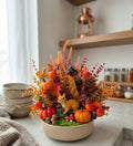 Fall Forest Arrangement with Pumpkins, Pinecones, and Squirrel Figurine in Ceramic Dish