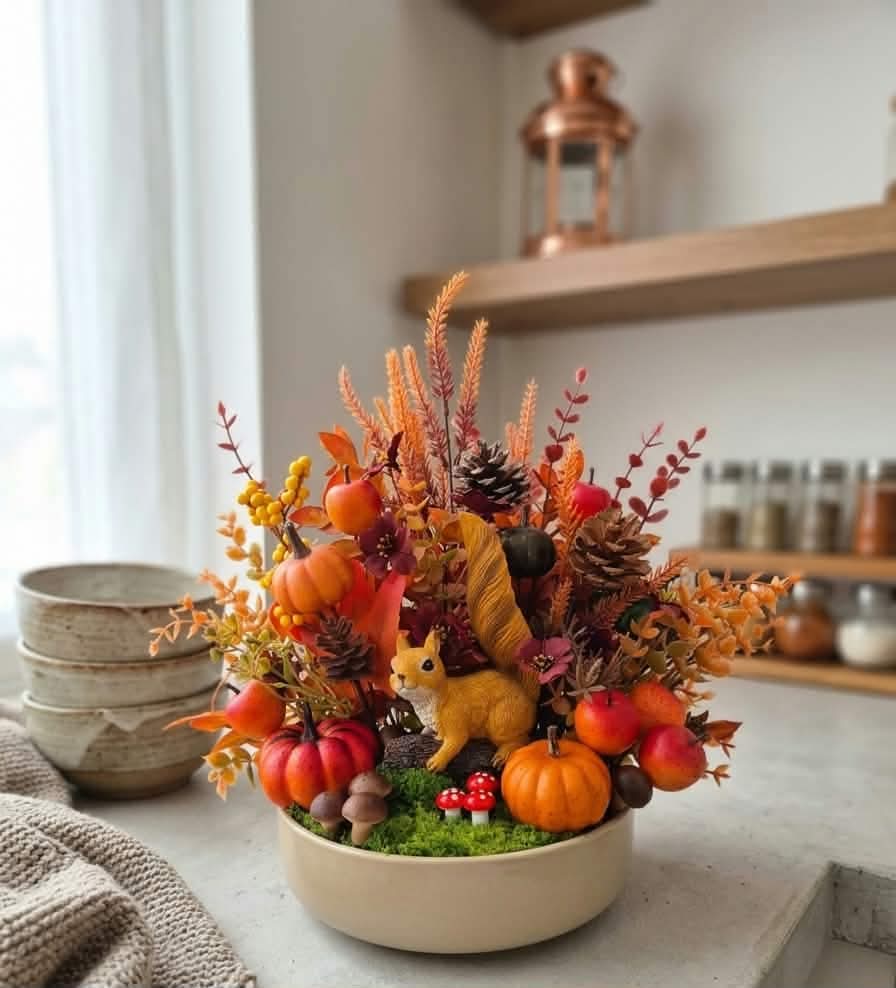 Fall Forest Arrangement with Pumpkins, Pinecones, and Squirrel Figurine in Ceramic Dish