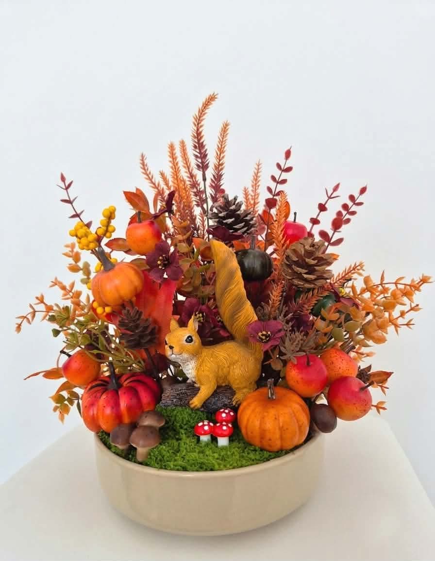 Fall Forest Arrangement with Pumpkins, Pinecones, and Squirrel Figurine in Ceramic Dish