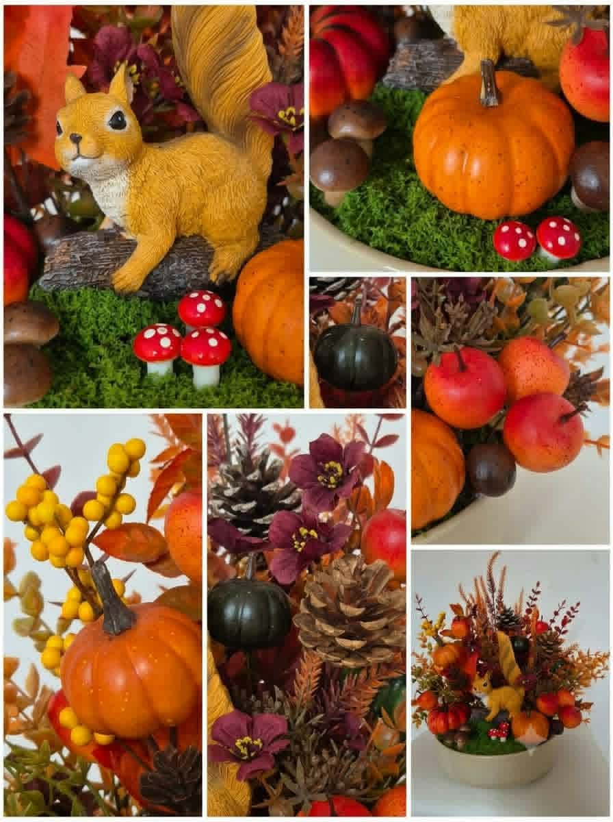 Fall Forest Arrangement with Pumpkins, Pinecones, and Squirrel Figurine in Ceramic Dish