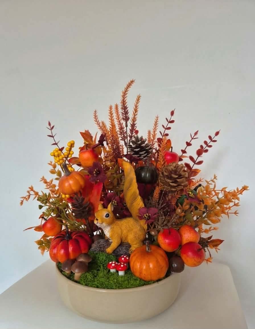 Fall Forest Arrangement with Pumpkins, Pinecones, and Squirrel Figurine in Ceramic Dish